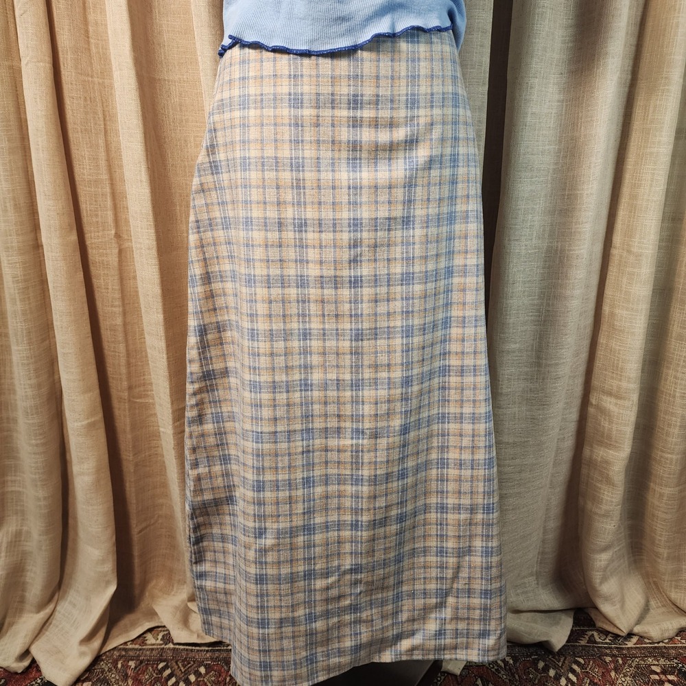 Vintage Plaid Maxi Skirt Blue Tan Textured Linen Look High Waist Size L 32W 34L